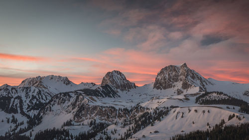 Scenic view of snowcapped mountains against sky during sunset