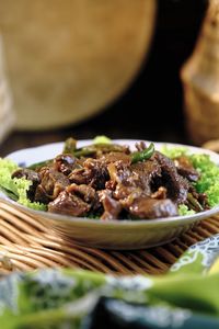 Close-up of food known as rendang daging or black pepper beef