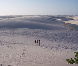 Friends standing at sandy beach against sky