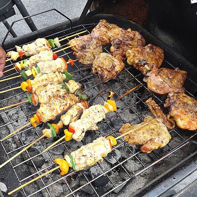 food and drink, food, barbecue grill, freshness, grilled, meat, barbecue, cooking, preparation, heat - temperature, preparing food, roasted, grill, healthy eating, high angle view, indoors, sausage, skewer, fire - natural phenomenon, close-up