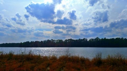 Scenic view of lake against cloudy sky