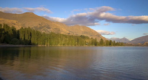 Scenic view of lake by mountains against sky
