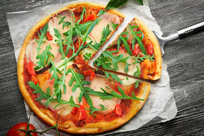 High angle view of pizza on table