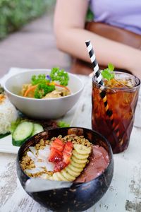 High angle view of food in plate on table