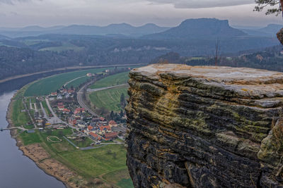 High angle view of land against sky