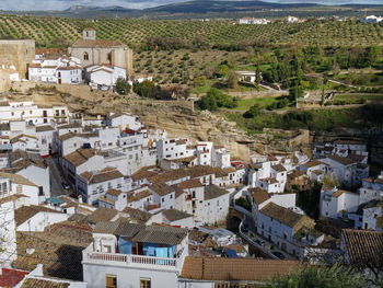 High angle view of buildings in town