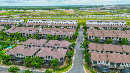 High angle view of buildings in city
