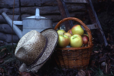 Straw hat and basket of apples