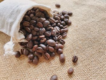 High angle view of coffee beans on table