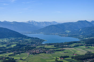 High angle view of landscape and mountains against sky