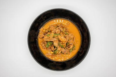 High angle view of soup in bowl on table