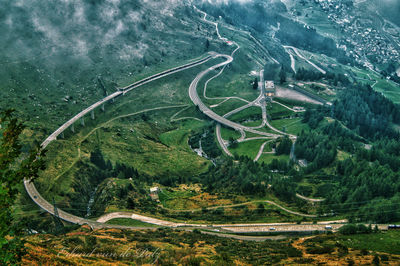 High angle view of road amidst trees