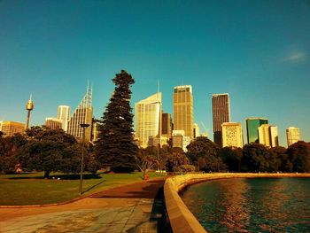 Skyscrapers against clear blue sky