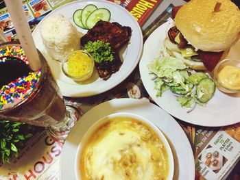 High angle view of food served on table