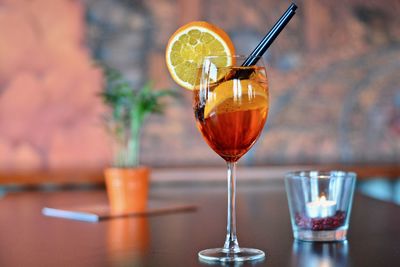 Close-up of drink in glass on table