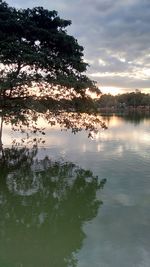 Scenic view of lake against sky at sunset