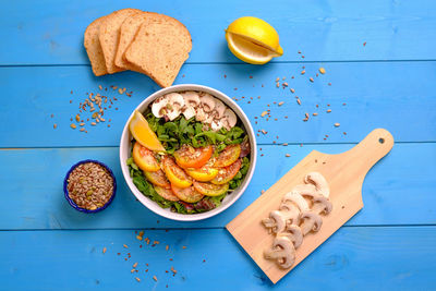 High angle view of meal served on table