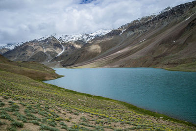 Scenic view of snowcapped mountains against sky