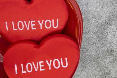 High angle view of text on red heart shape