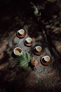 High angle view of coffee cup on table