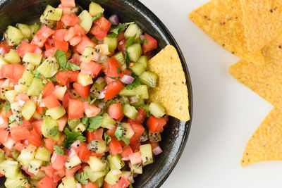 High angle view of chopped vegetables in bowl