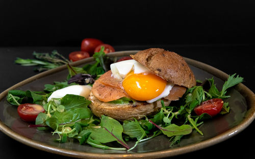 Close-up of breakfast served in plate