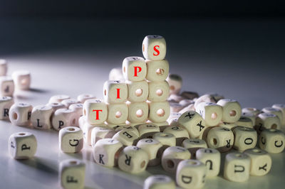 Close-up of alphabets on table