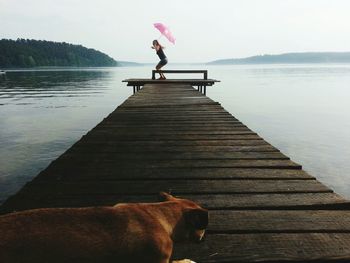 People sitting on pier at lake