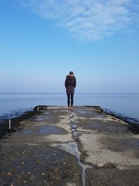 Rear view of man standing on beach against sky