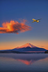 Composite photos at mt.fuji and air plane