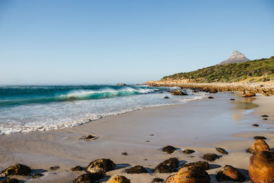 Scenic view of beach against clear sky