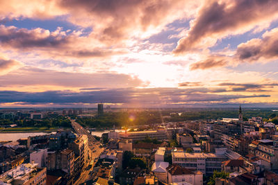 High angle view of townscape against sky during sunset