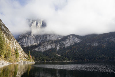 Scenic view of lake with mountain range in background