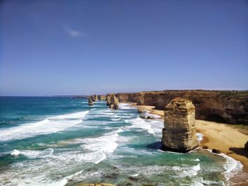 Scenic view of sea against clear blue sky