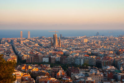 High angle view of townscape against sky during sunset