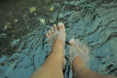 Low section of person legs in swimming pool