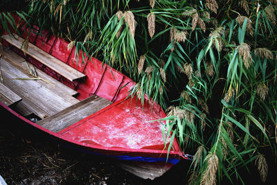 High angle view of nautical vessel on shore