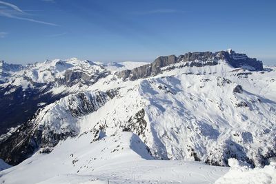 Scenic view of snowcapped mountains against sky