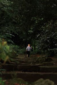 Rear view of man standing in forest