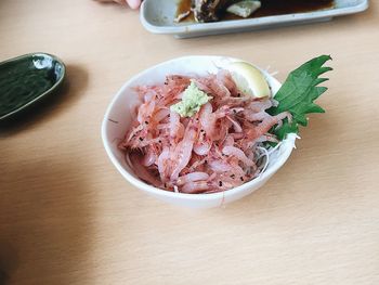 High angle view of food in plate on table