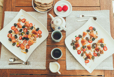 High angle view of breakfast served on table