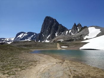 Scenic view of mountains against clear blue sky