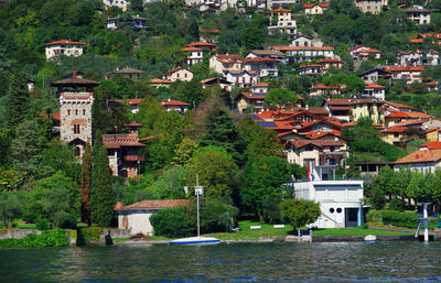 Calm lake with built structures in distance