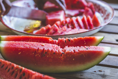 Close-up of tomato served in plate on table