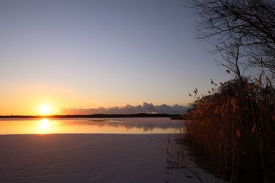 Scenic view of lake against sky during sunset