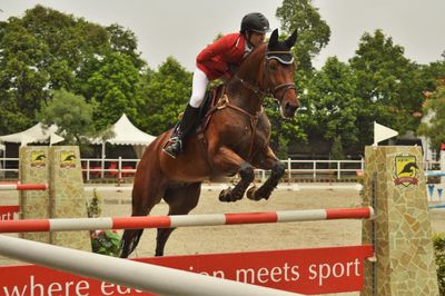 Young man riding horse against sky