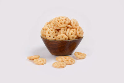 Close-up of breakfast against white background