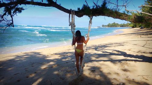 Rear view of two people on beach