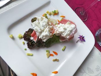 High angle view of food in plate on table