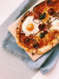 High angle view of pizza on table